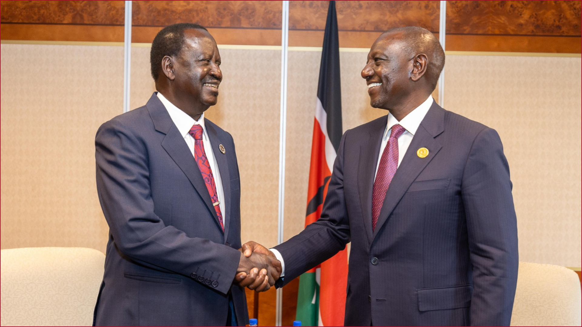 Kenya's AUC chairperson candidate Raila Odinga (left) with President William Ruto in Addis Ababa, Ethiopia, on Saturday, February 15.